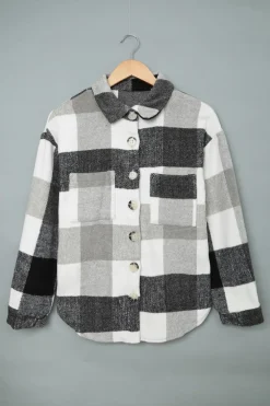 Sale Dear-Lover Plaid Color Block Buttoned Long Sleeve Jacket with Pocket Gray