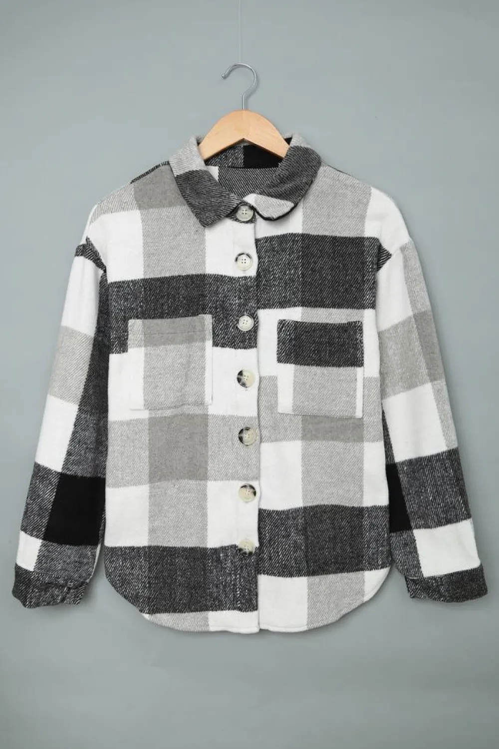 Sale Dear-Lover Plaid Color Block Buttoned Long Sleeve Jacket with Pocket Gray