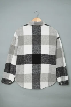 Sale Dear-Lover Plaid Color Block Buttoned Long Sleeve Jacket with Pocket Gray