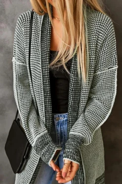 Fashion Dear-Lover Plaid Knitted Long Open Front Cardigan Gray