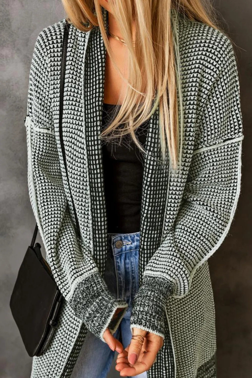 Fashion Dear-Lover Plaid Knitted Long Open Front Cardigan Gray