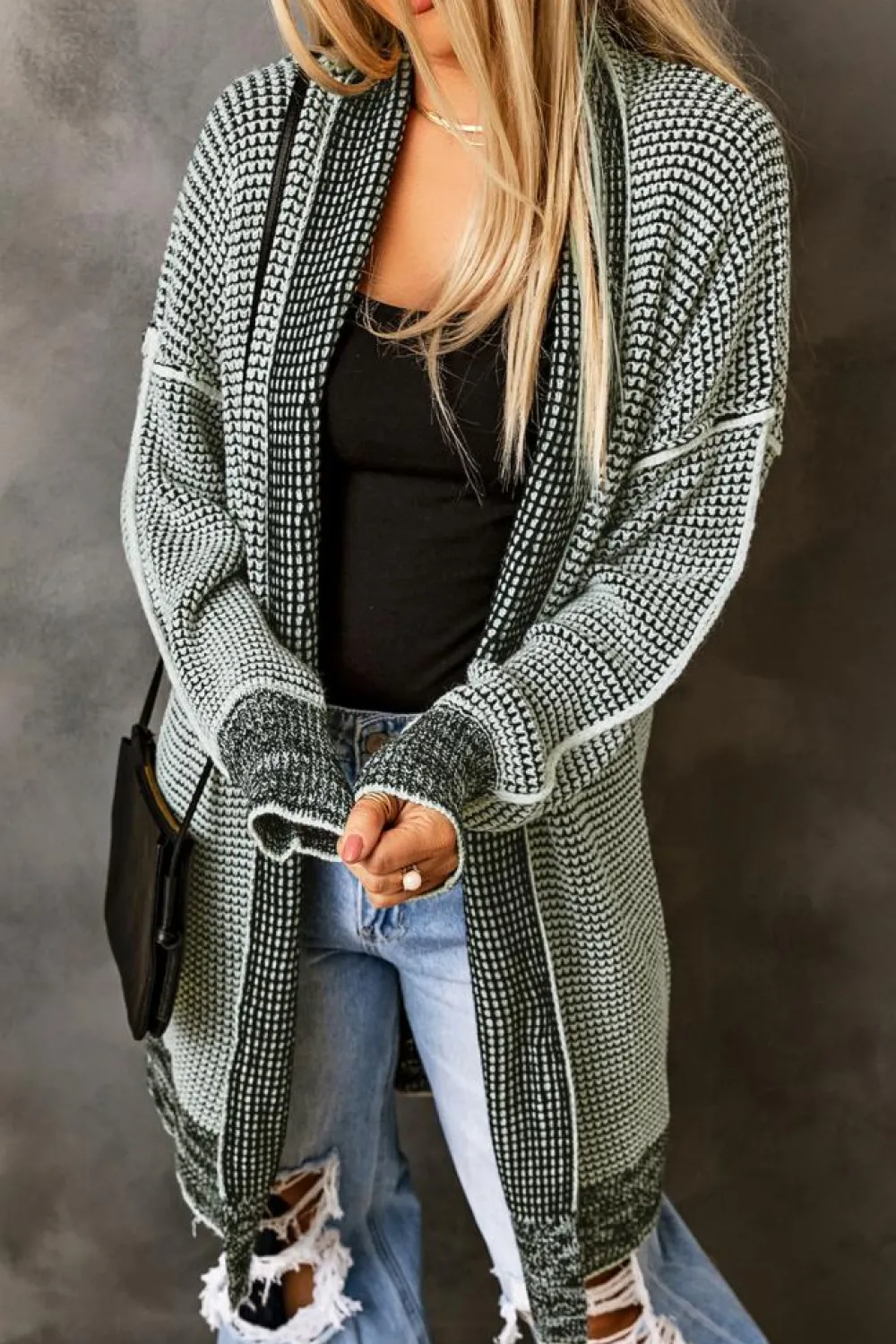 Fashion Dear-Lover Plaid Knitted Long Open Front Cardigan Gray