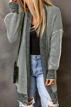 Fashion Dear-Lover Plaid Knitted Long Open Front Cardigan Gray