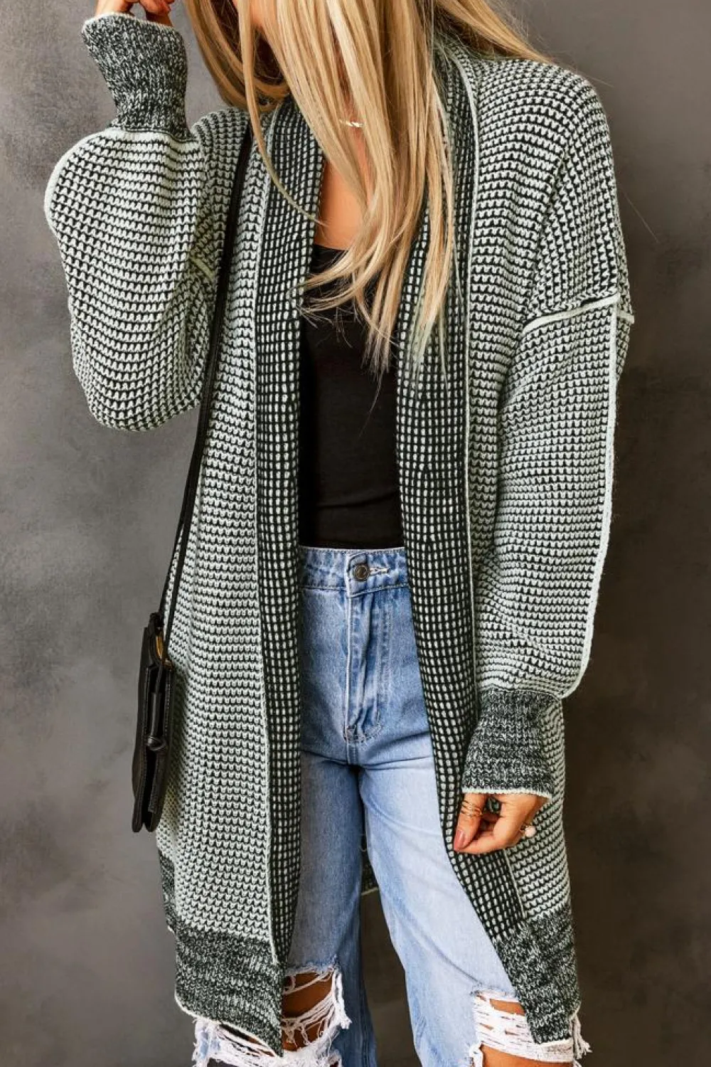 Fashion Dear-Lover Plaid Knitted Long Open Front Cardigan Gray