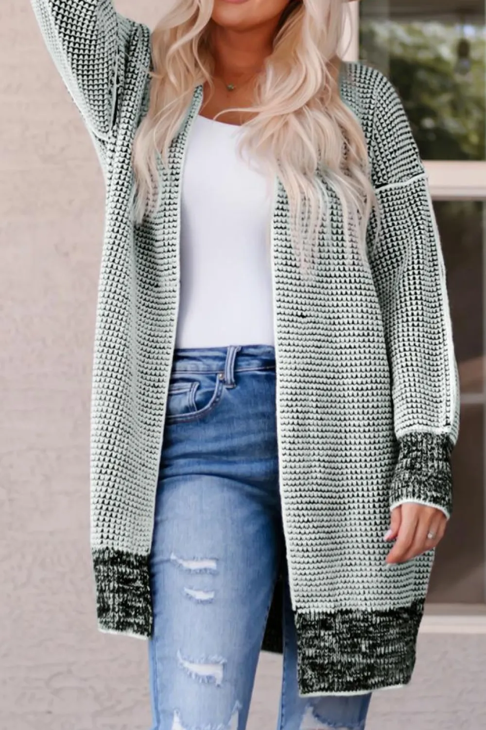 Fashion Dear-Lover Plaid Knitted Long Open Front Cardigan Gray