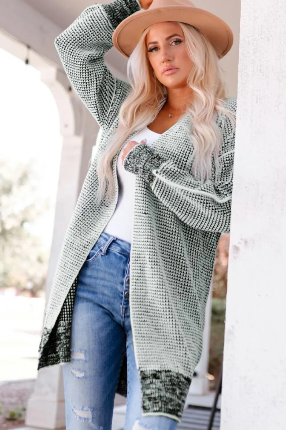 Fashion Dear-Lover Plaid Knitted Long Open Front Cardigan Gray