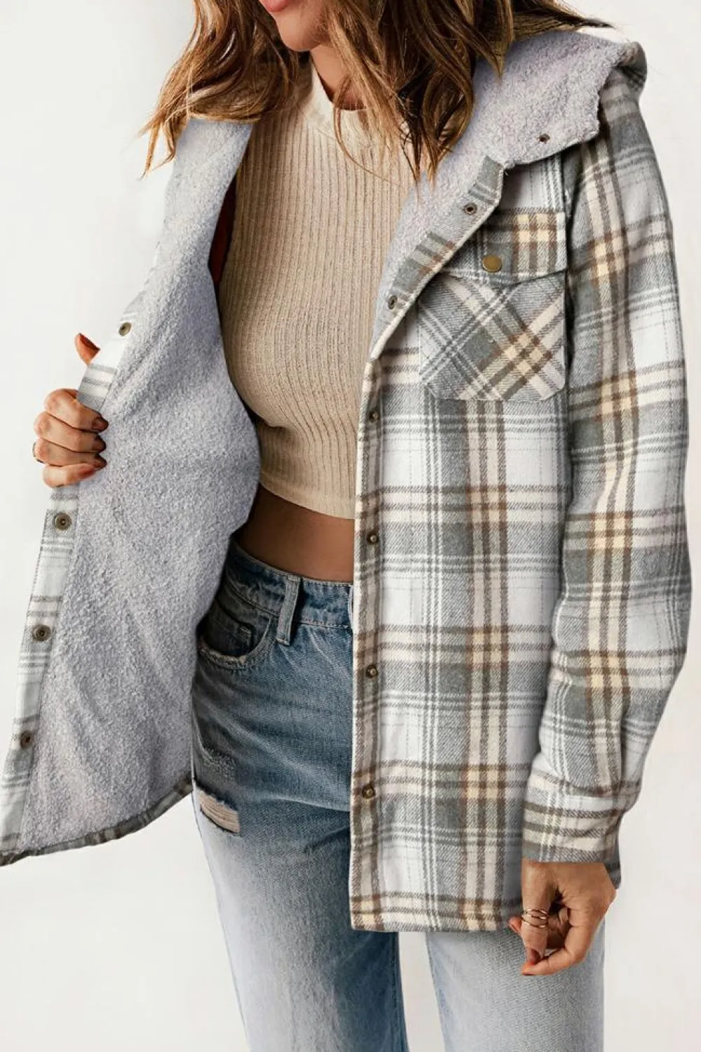 Clearance Dear-Lover Plaid Pattern Sherpa Lined Hooded Shacket Gray