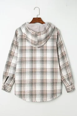 Clearance Dear-Lover Plaid Pattern Sherpa Lined Hooded Shacket Gray