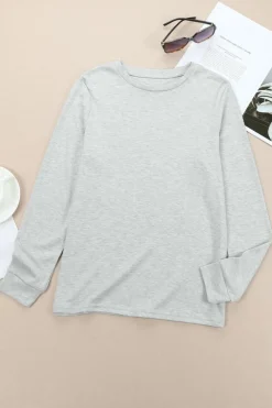 Fashion Dear-Lover Plain Crew Neck Long Sleeve Top Gray