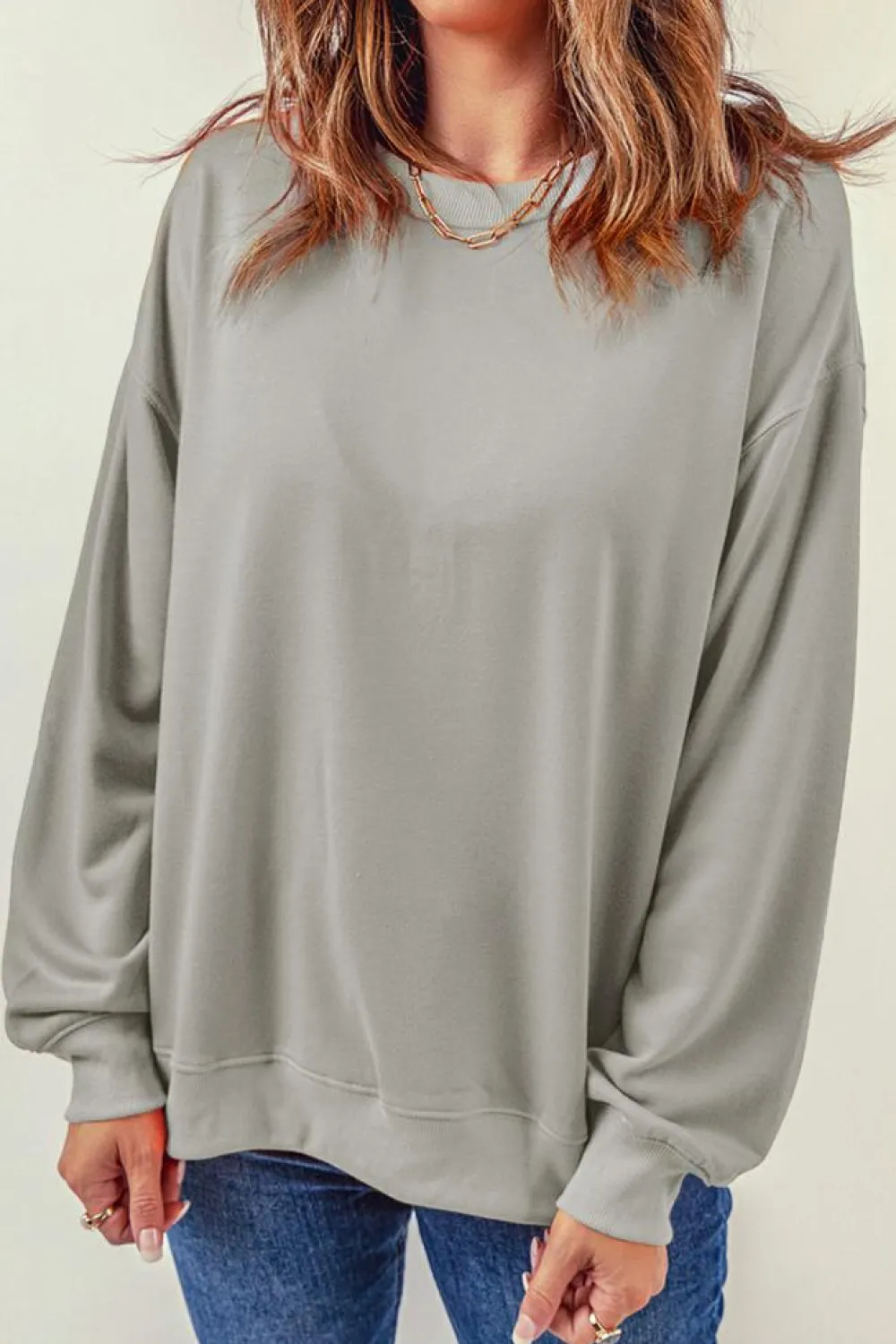 New Dear-Lover Plain Crew Neck Pullover Sweatshirt Gray