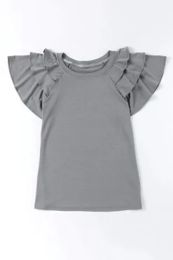 Hot Dear-Lover Plain Tiered Ruffled Short Sleeve T Shirt Gray