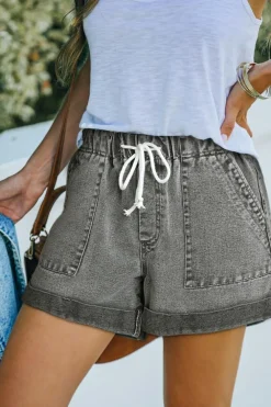 Outlet Dear-Lover Pocketed Drawstring High Waist Denim Shorts Gray