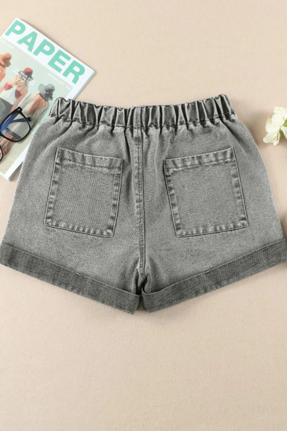 Outlet Dear-Lover Pocketed Drawstring High Waist Denim Shorts Gray