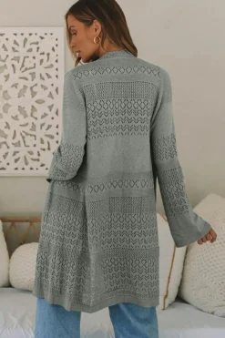 Clearance Dear-Lover Pointelle Knit Open Front Cardigan Gray