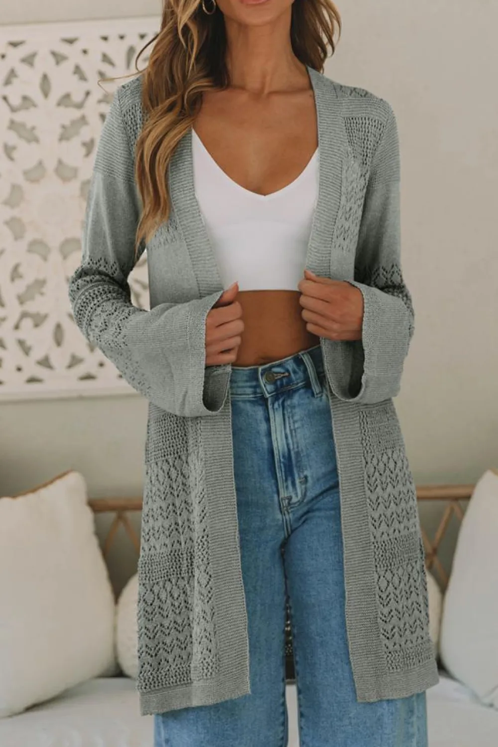 Clearance Dear-Lover Pointelle Knit Open Front Cardigan Gray