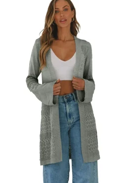 Clearance Dear-Lover Pointelle Knit Open Front Cardigan Gray