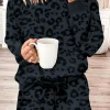 Fashion Dear-Lover Leopard Long Sleeve Satin Tie Shorts Two Piece Set Gray Printed