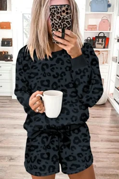 Fashion Dear-Lover Leopard Long Sleeve Satin Tie Shorts Two Piece Set Gray Printed
