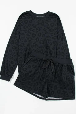Fashion Dear-Lover Leopard Long Sleeve Satin Tie Shorts Two Piece Set Gray Printed