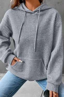 Outlet Dear-Lover Quilted Kangaroo Pocket Drawstring Hoodie Gray
