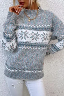 Hot Dear-Lover Retro Snowflake Pattern Mock Neck Fuzzy Sweater Gray