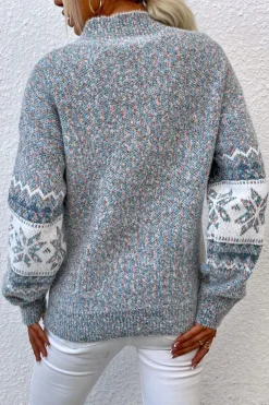 Hot Dear-Lover Retro Snowflake Pattern Mock Neck Fuzzy Sweater Gray