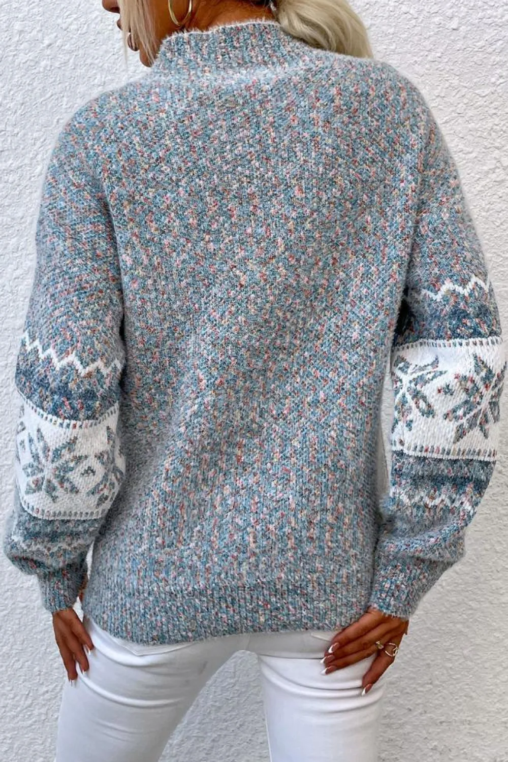Hot Dear-Lover Retro Snowflake Pattern Mock Neck Fuzzy Sweater Gray
