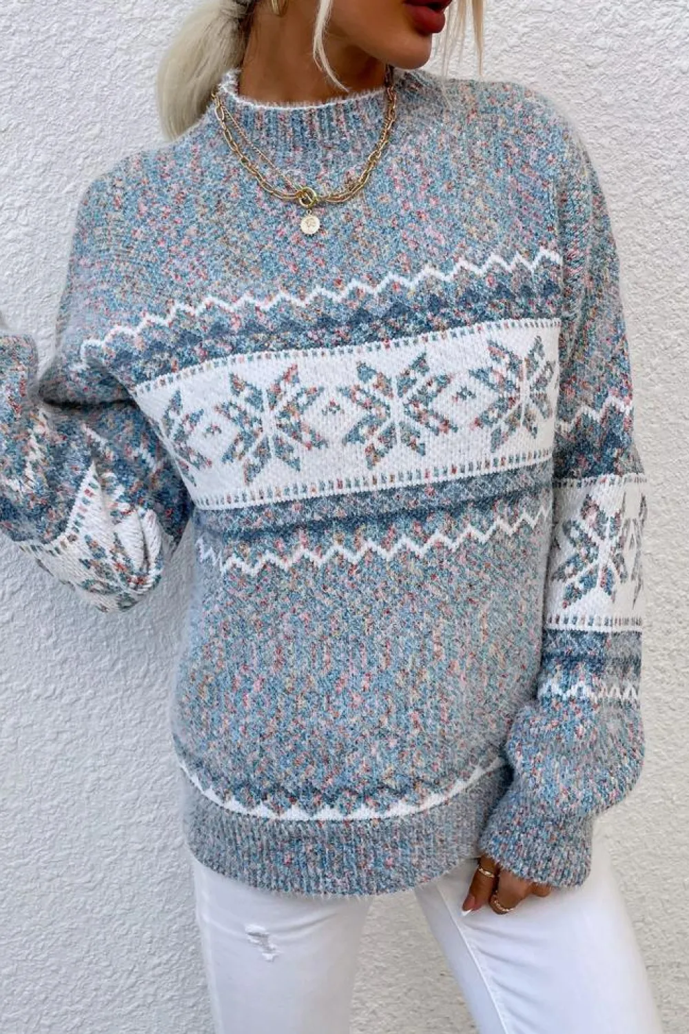 Hot Dear-Lover Retro Snowflake Pattern Mock Neck Fuzzy Sweater Gray