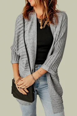 Online Dear-Lover Ribbed Open Front Knit Cardigan Gray