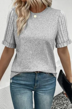 Fashion Dear-Lover Ribbed Splicing Sleeve Round Neck T-shirt Gray