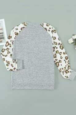 Best Dear-Lover Round Neck Leopard Long Sleeve Top Gray