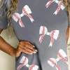 Online Dear-Lover Rugby Bow Knot Print Crewneck Casual T Shirt Gray