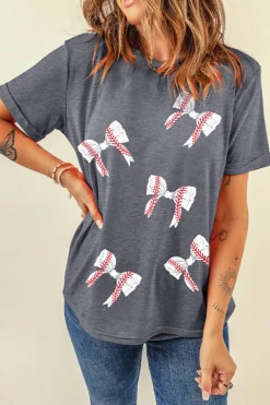 Online Dear-Lover Rugby Bow Knot Print Crewneck Casual T Shirt Gray