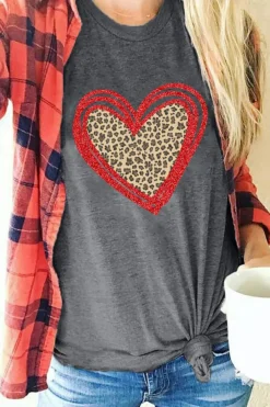Online Dear-Lover Sequin Leopard Heart Graphic T-shirt Gray