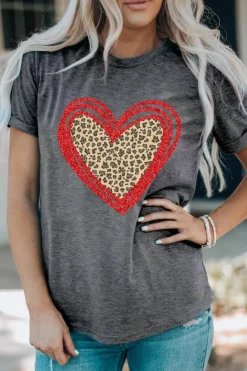Online Dear-Lover Sequin Leopard Heart Graphic T-shirt Gray