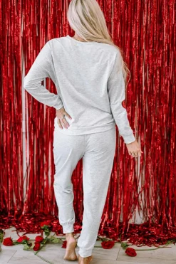 Outlet Dear-Lover Sequin Valentine Heart Pattern Pullover Jogger Pants Set Gray