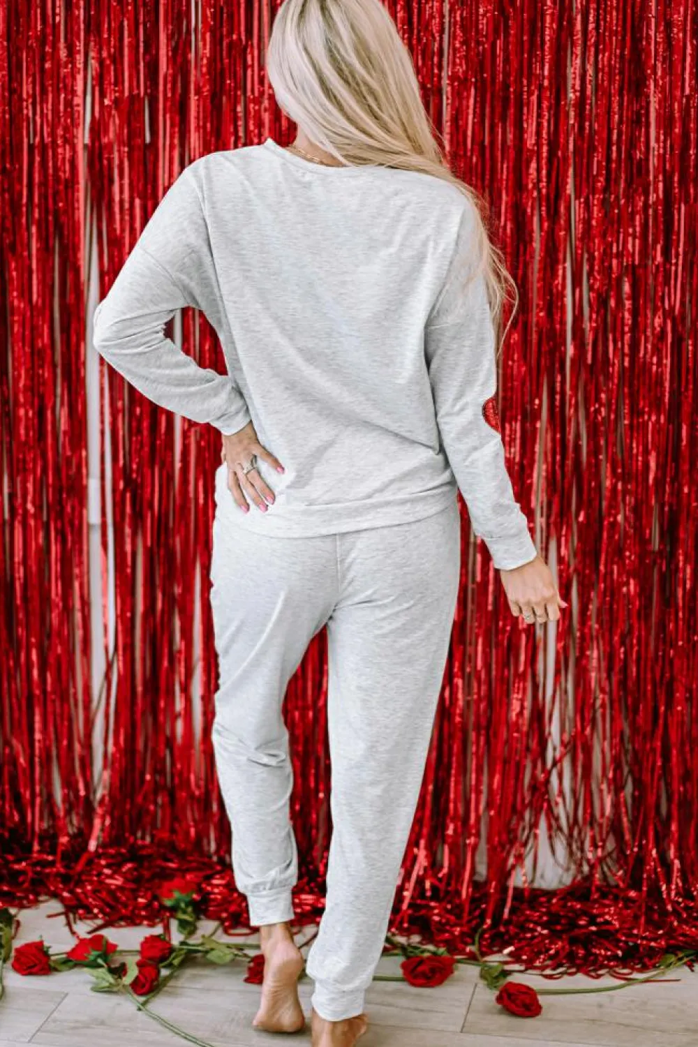 Outlet Dear-Lover Sequin Valentine Heart Pattern Pullover Jogger Pants Set Gray