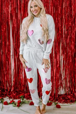 Outlet Dear-Lover Sequin Valentine Heart Pattern Pullover Jogger Pants Set Gray