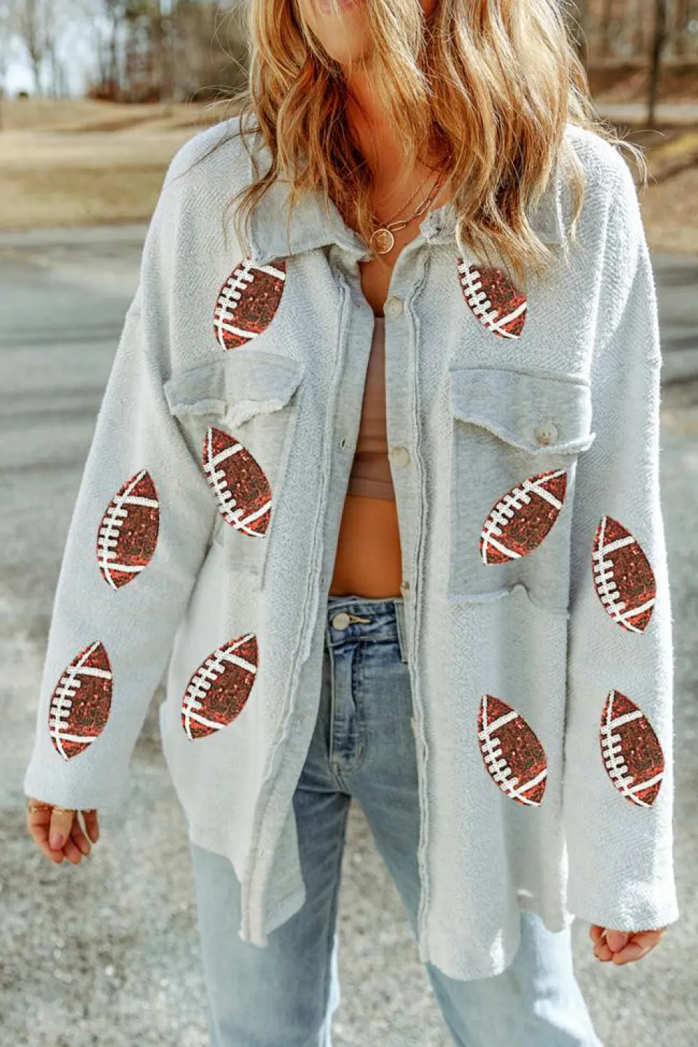 Clearance Dear-Lover Sequined Rugby Flap Pockets Buttoned Shacket Gray