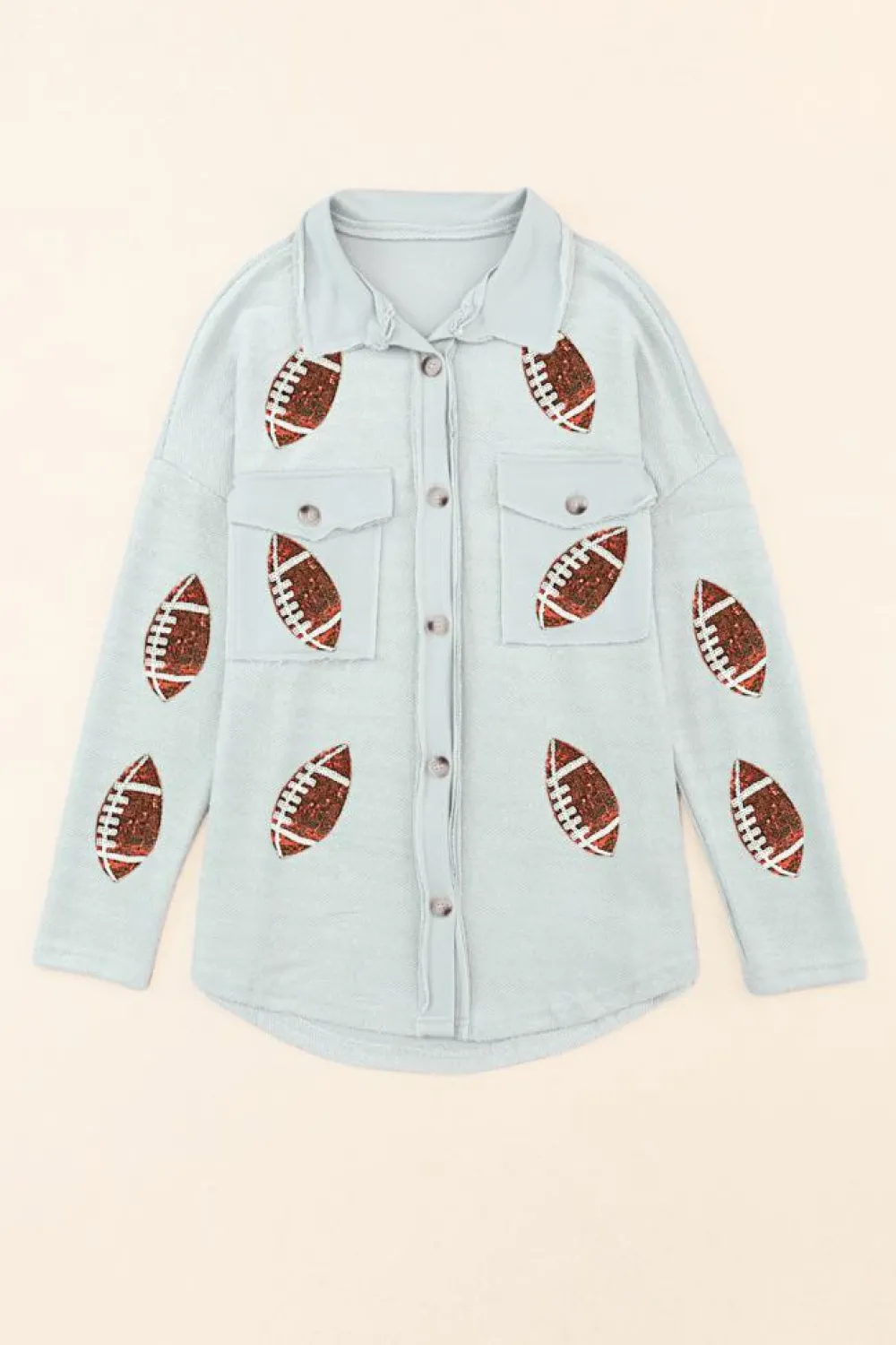 Clearance Dear-Lover Sequined Rugby Flap Pockets Buttoned Shacket Gray