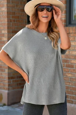 Online Dear-Lover Short Sleeve Side Slit Oversized Sweater Gray