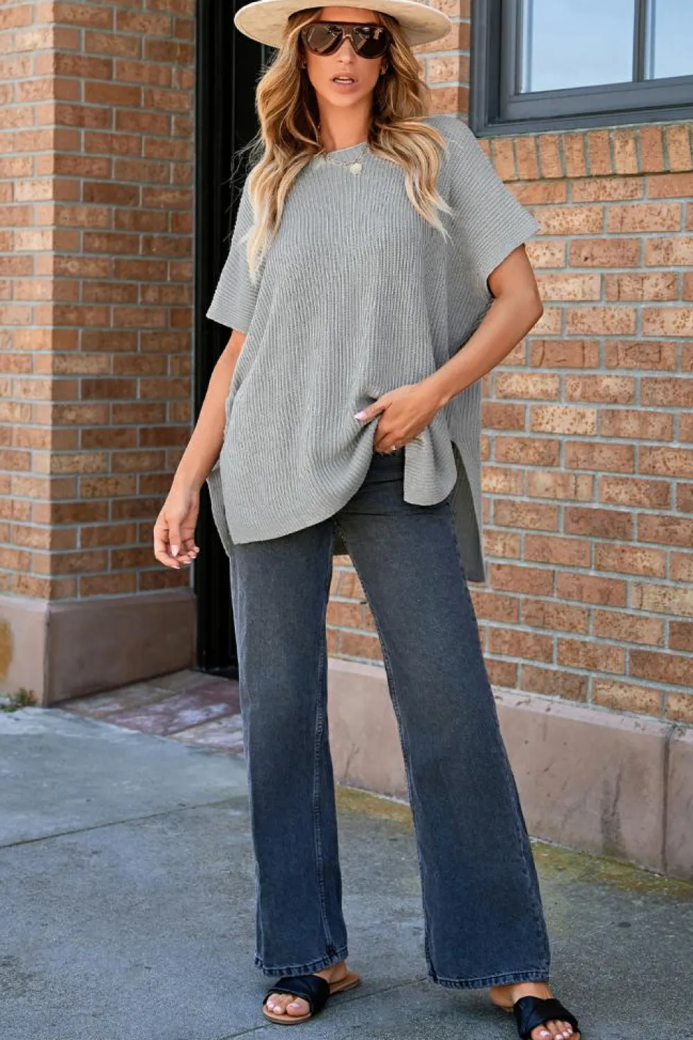 Online Dear-Lover Short Sleeve Side Slit Oversized Sweater Gray
