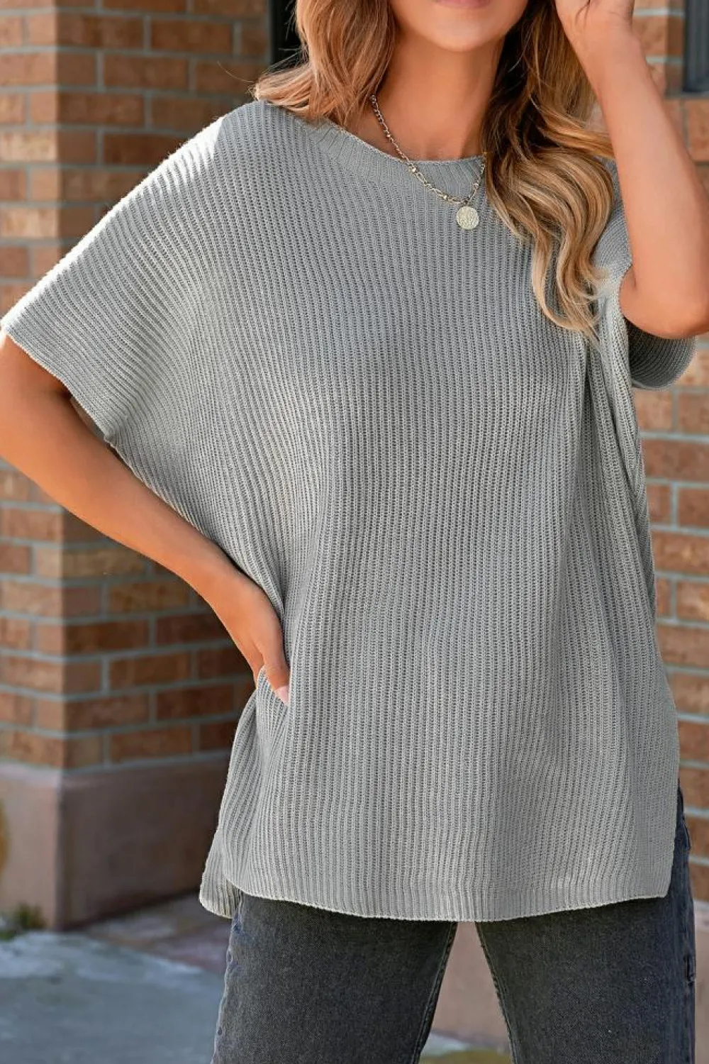 Online Dear-Lover Short Sleeve Side Slit Oversized Sweater Gray