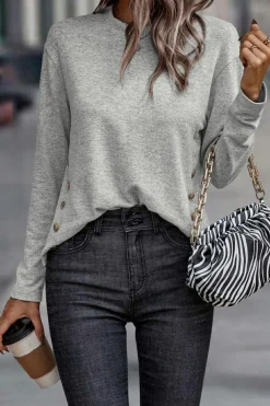 Clearance Dear-Lover Side Buttons Crew Neck Knit Top Gray