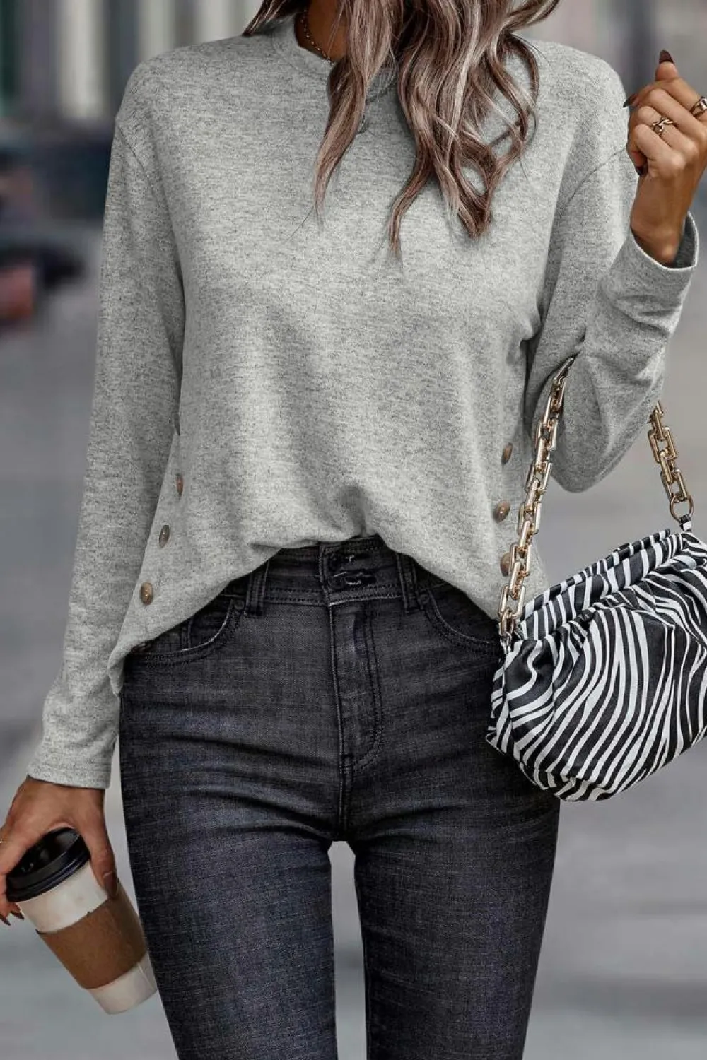 Clearance Dear-Lover Side Buttons Crew Neck Knit Top Gray