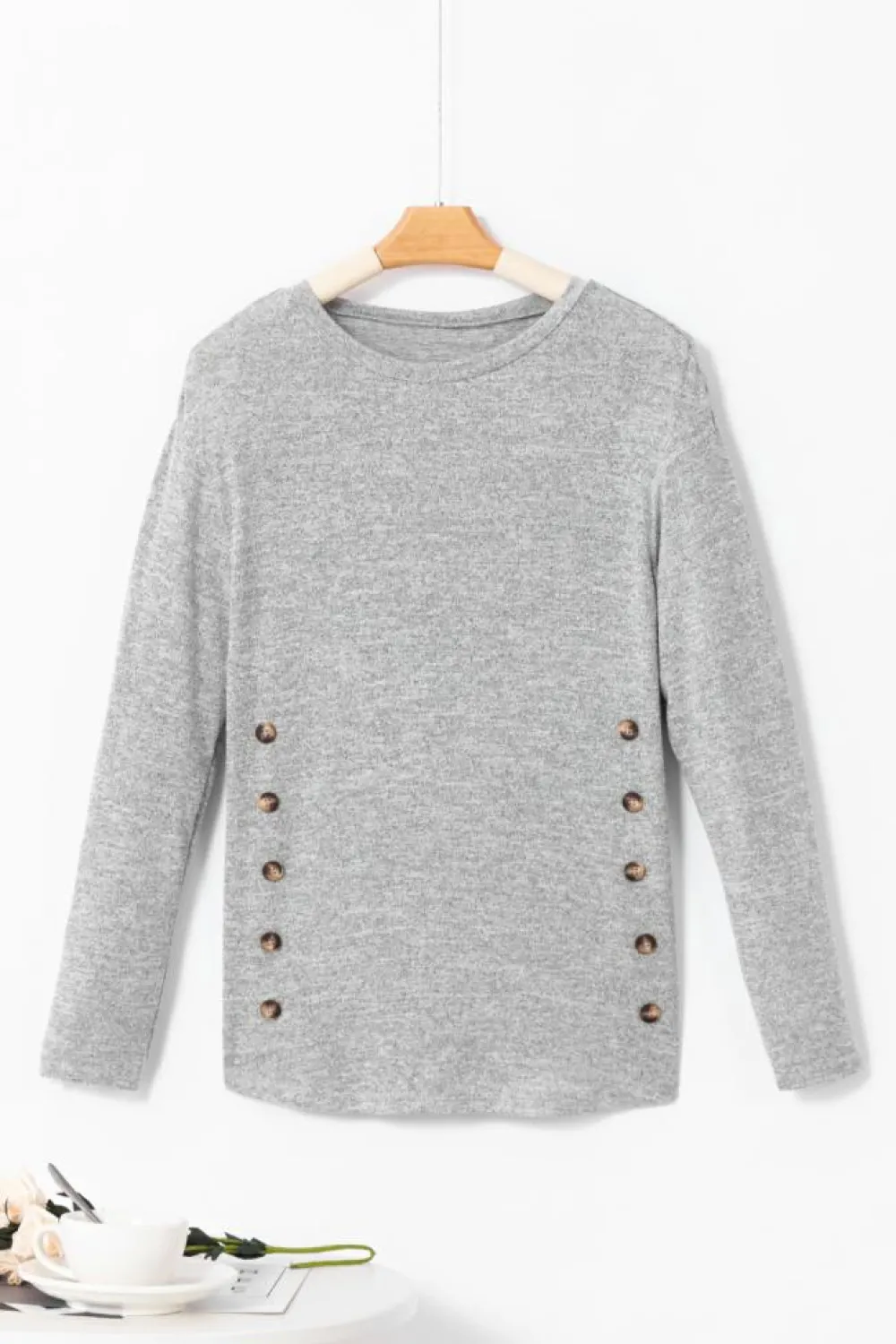 Clearance Dear-Lover Side Buttons Crew Neck Knit Top Gray