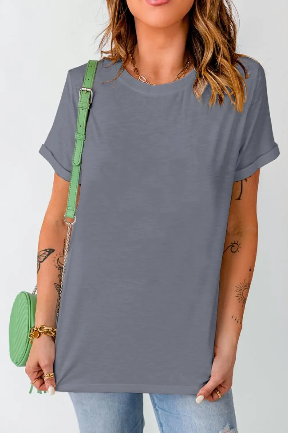 Outlet Dear-Lover Solid Color Crew Neck Tee Gray