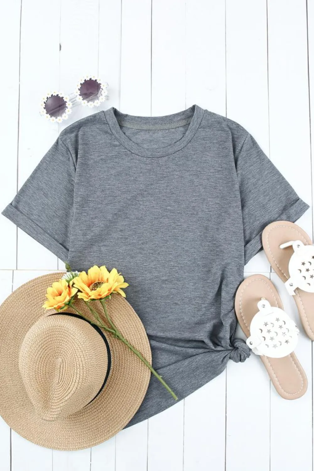 Outlet Dear-Lover Solid Color Crew Neck Tee Gray