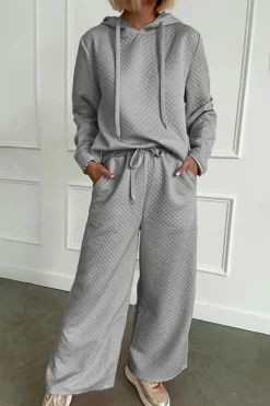 New Dear-Lover Solid Color Drawstring Hoodie and Wide Leg Pants Set Gray