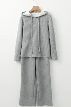 New Dear-Lover Solid Color Drawstring Hoodie and Wide Leg Pants Set Gray